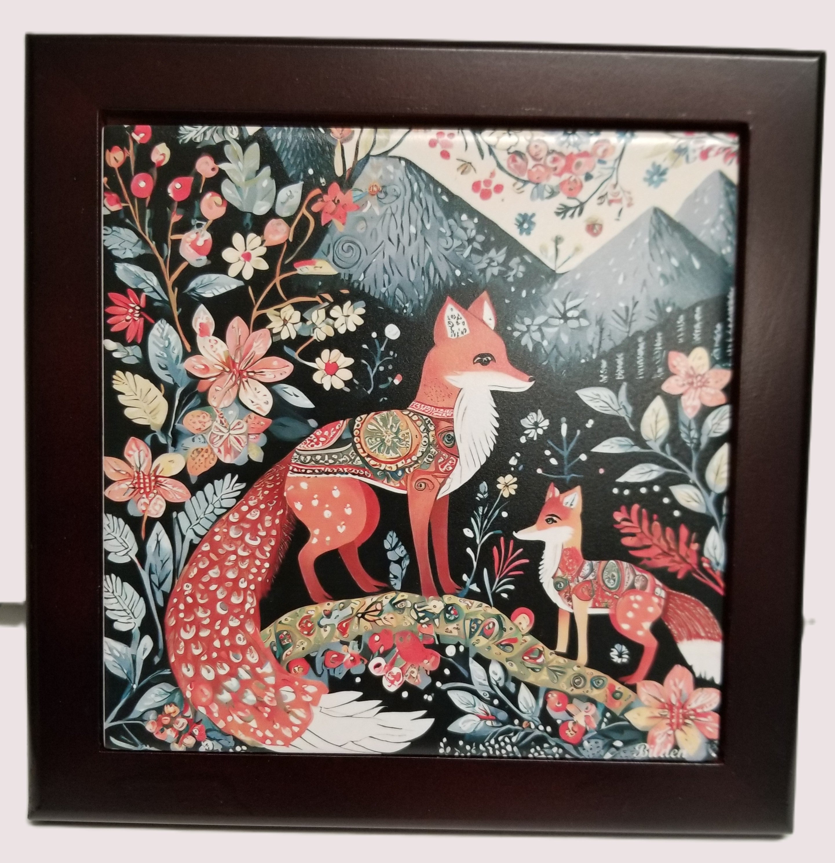 1731100 Framed Tile Fox Family Bergquist Imports